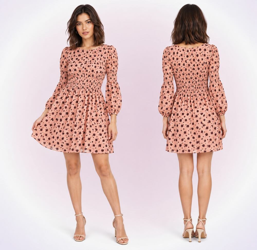 Glamorous Coral Animal Dot Smocked Mini Dress | Sz 6, NWT